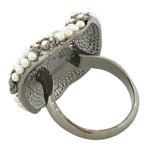 Fashion Alloy Simulated Pearls Black White Clear CZ Statement Cocktail Ring