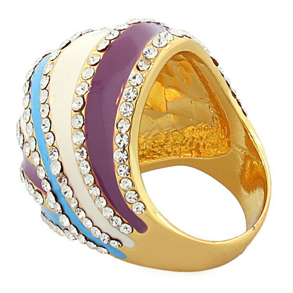Fashion Alloy Yellow Gold-Tone Purple White Clear CZ Flower Floral Cocktail Ring