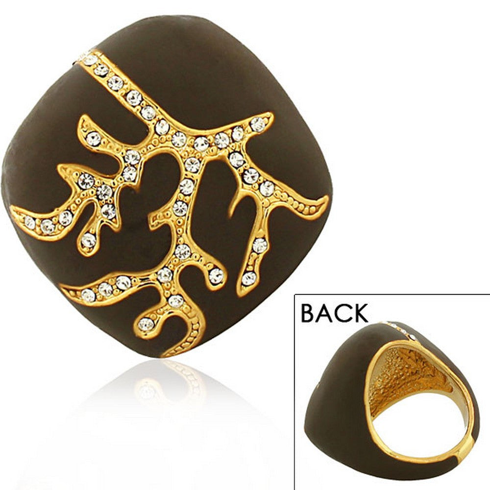 Fashion Alloy Yellow Gold-Tone Brown White Clear CZ Statement Cocktail Ring