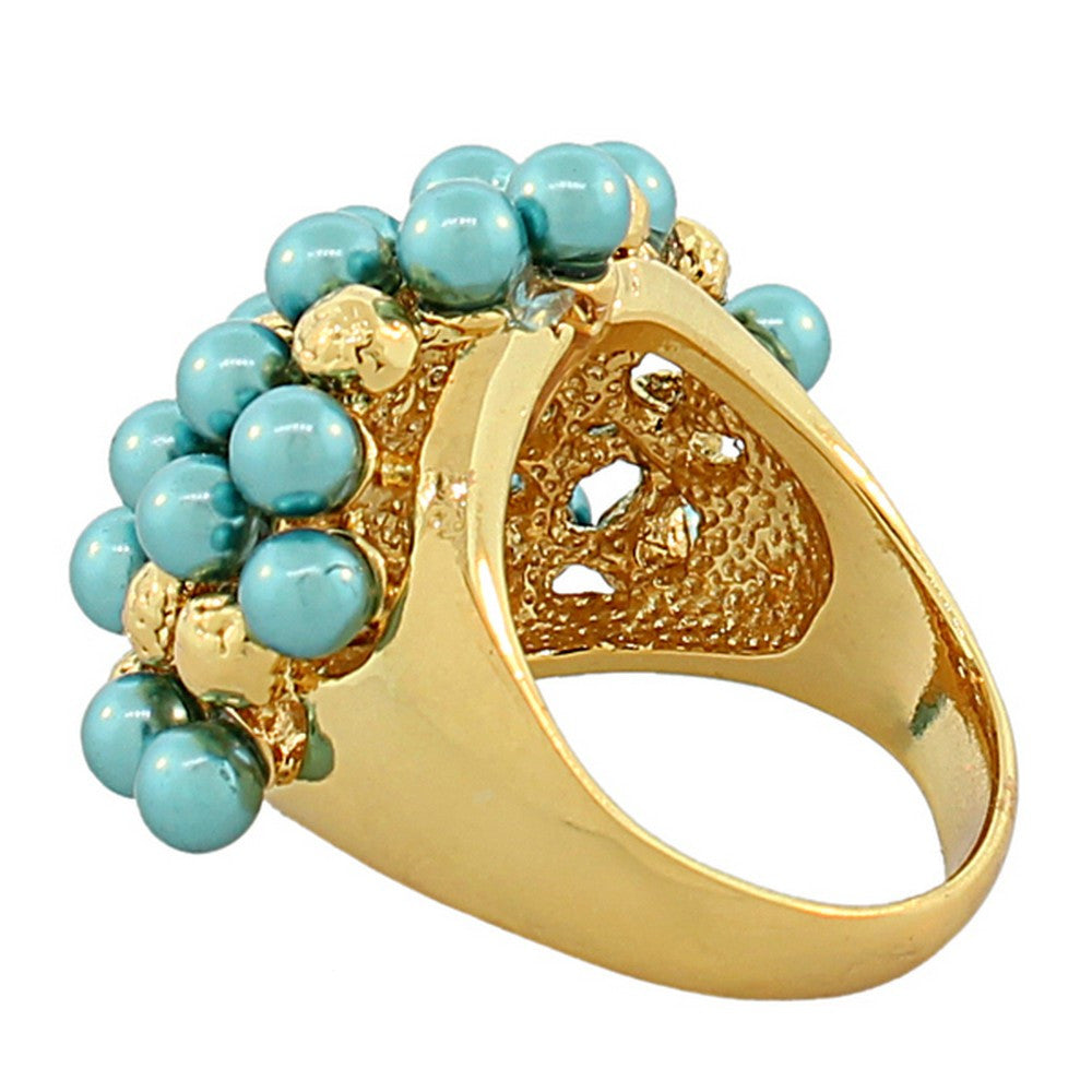 Fashion Alloy Yellow Gold-Tone Turquoise-Tone Beads Statement Cocktail Ring