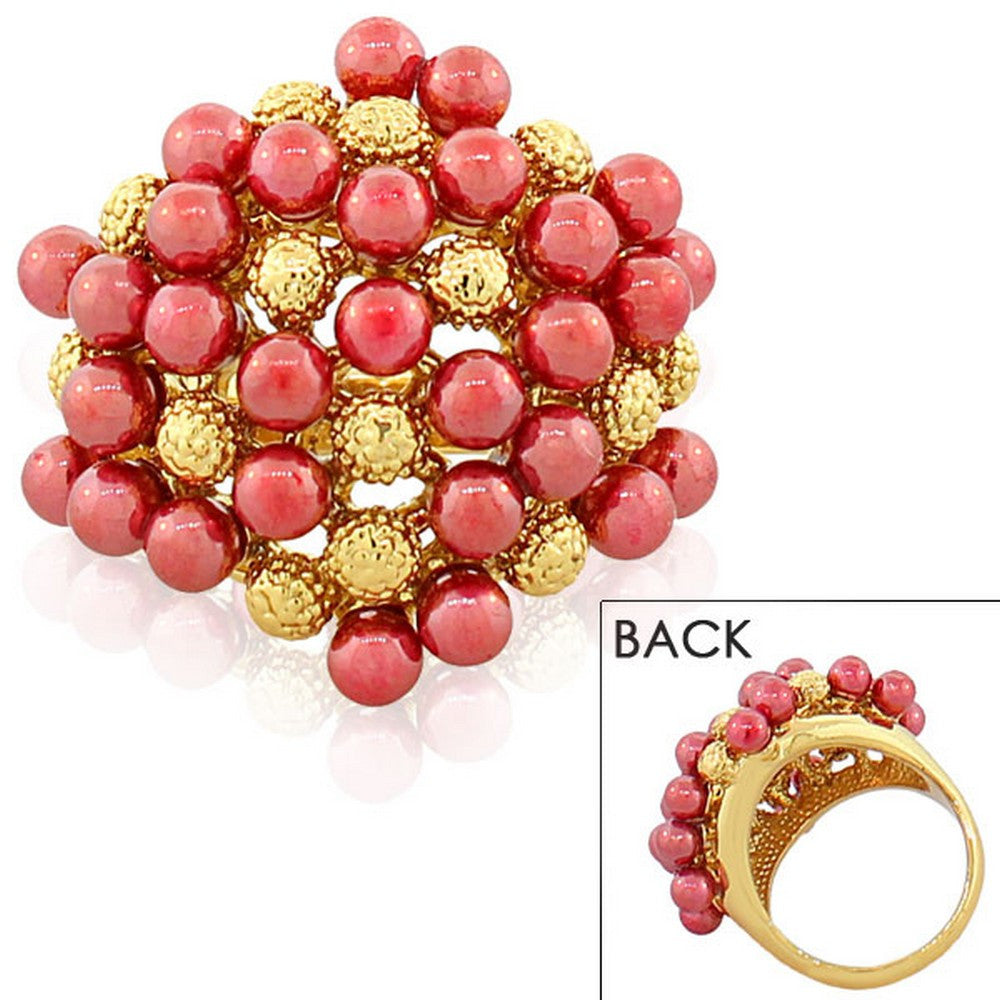 Fashion Alloy Yellow Gold-Tone Pink Red Beads Statement Cocktail Ring