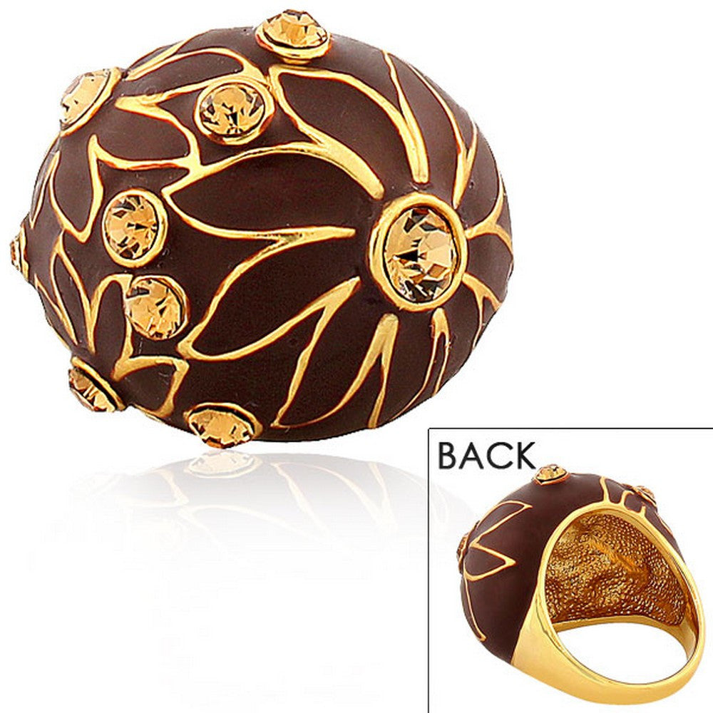 Fashion Alloy Yellow Gold-Tone Brown CZ Flower Floral Design Statement Cocktail Ring