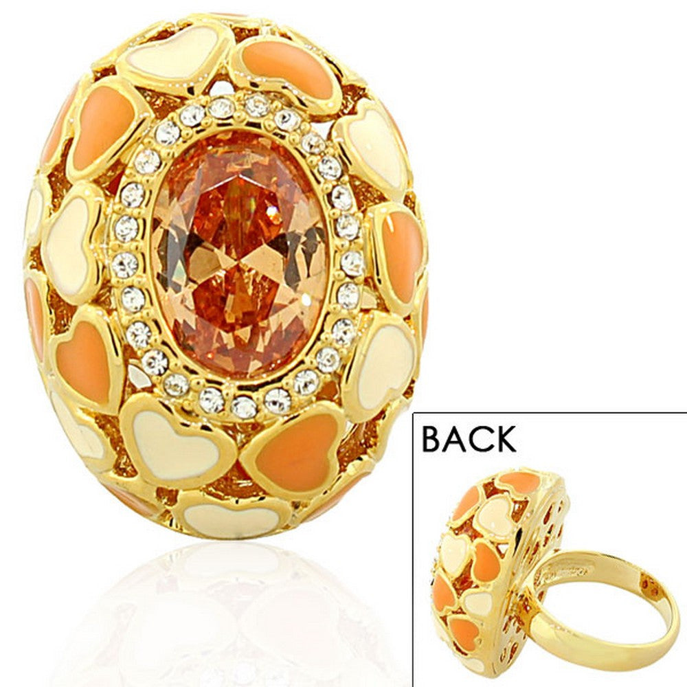 Fashion Alloy Yellow Gold-Tone Love Heart Orange White Clear CZ Statement Cocktail Ring