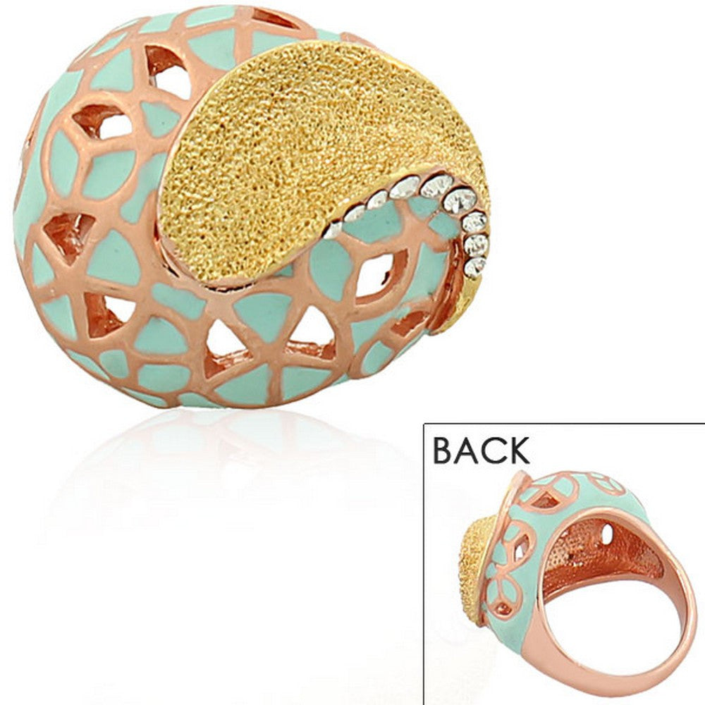 Fashion Alloy Yellow Rose Gold-Tone Turquoise-Tone White Clear CZ Statement Cocktail Ring