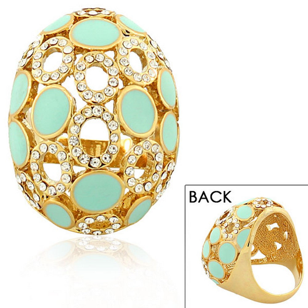 Fashion Alloy Yellow Gold-Tone Turquoise-Tone White Clear CZ Statement Cocktail Ring