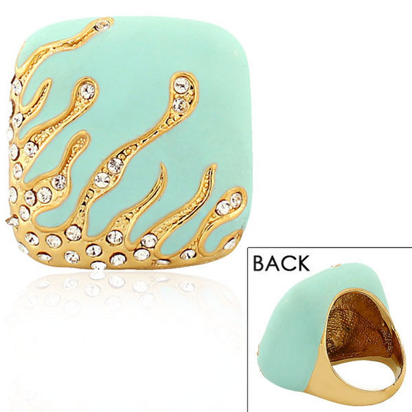 Fashion Alloy Yellow Gold-Tone Turquoise-Tone Cushion White Clear CZ Statement Cocktail Ring