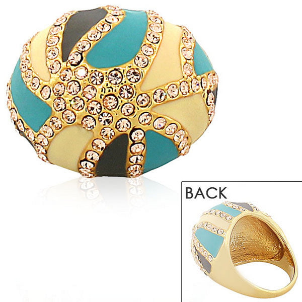 Fashion Alloy Yellow Gold-Tone Turquoise-Tone Brown CZ Statement Cocktail Ring