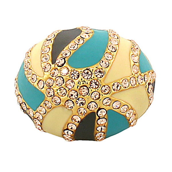 Fashion Alloy Yellow Gold-Tone Turquoise-Tone Brown CZ Statement Cocktail Ring