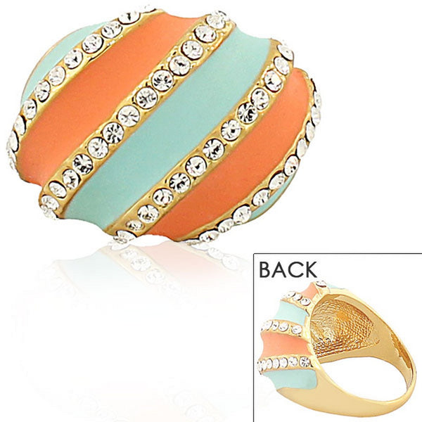 Fashion Alloy Yellow Gold-Tone Turquoise-Tone Orange Clear CZ Statement Cocktail Ring