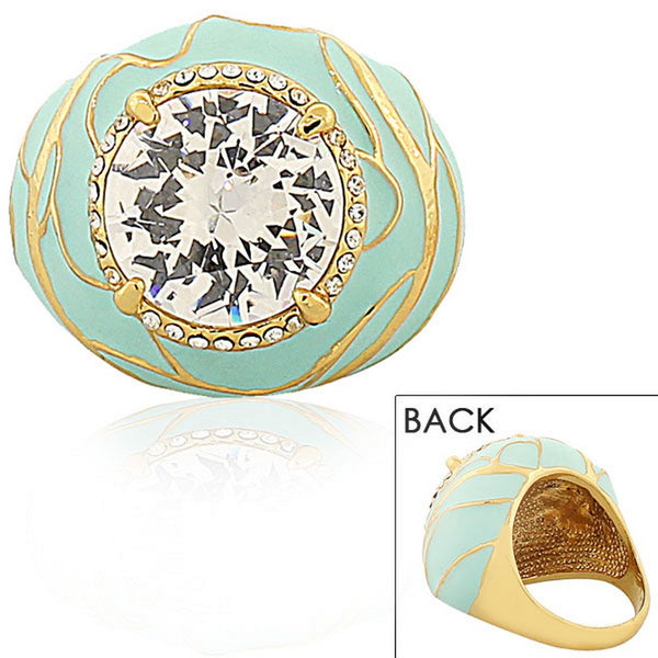 Fashion Alloy Yellow Gold-Tone Turquoise-Tone White Clear CZ Statement Cocktail Ring