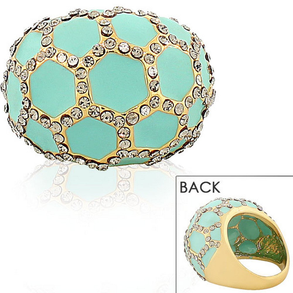 Fashion Alloy Yellow Gold-Tone Turquoise-Tone White Clear CZ Statement Cocktail Ring