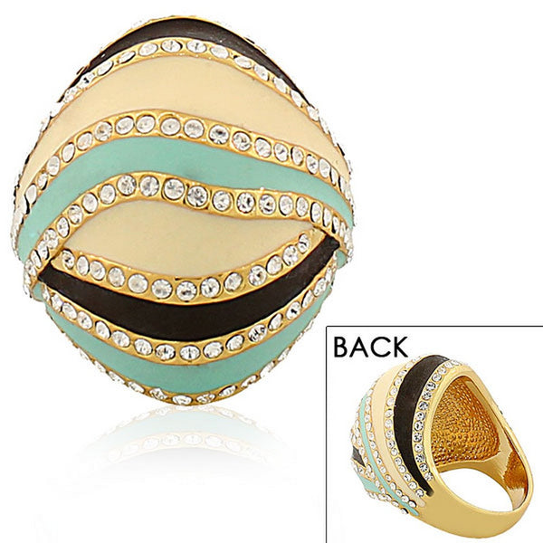 Fashion Alloy Yellow Gold-Tone Turquoise-Tone Brown Clear CZ Statement Cocktail Ring