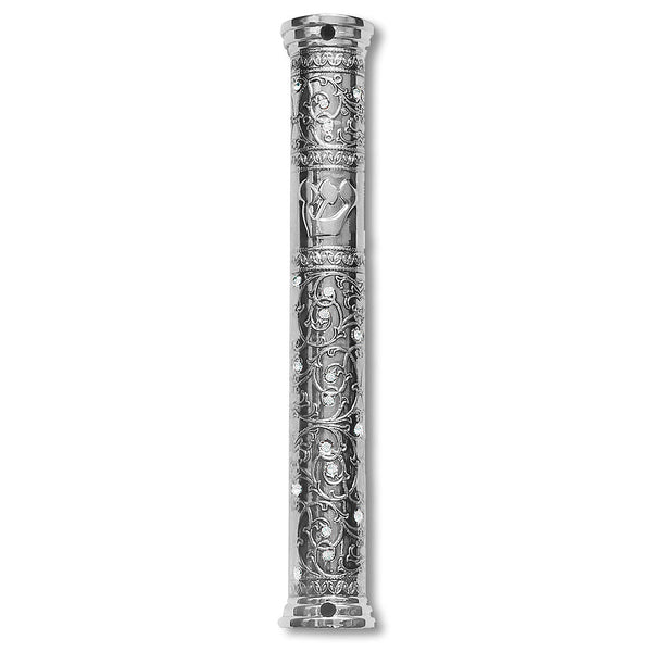 Nickel Silver-Tone Blue CZ Jewish Classic Mezuzah Case,  6" - Made in Israel