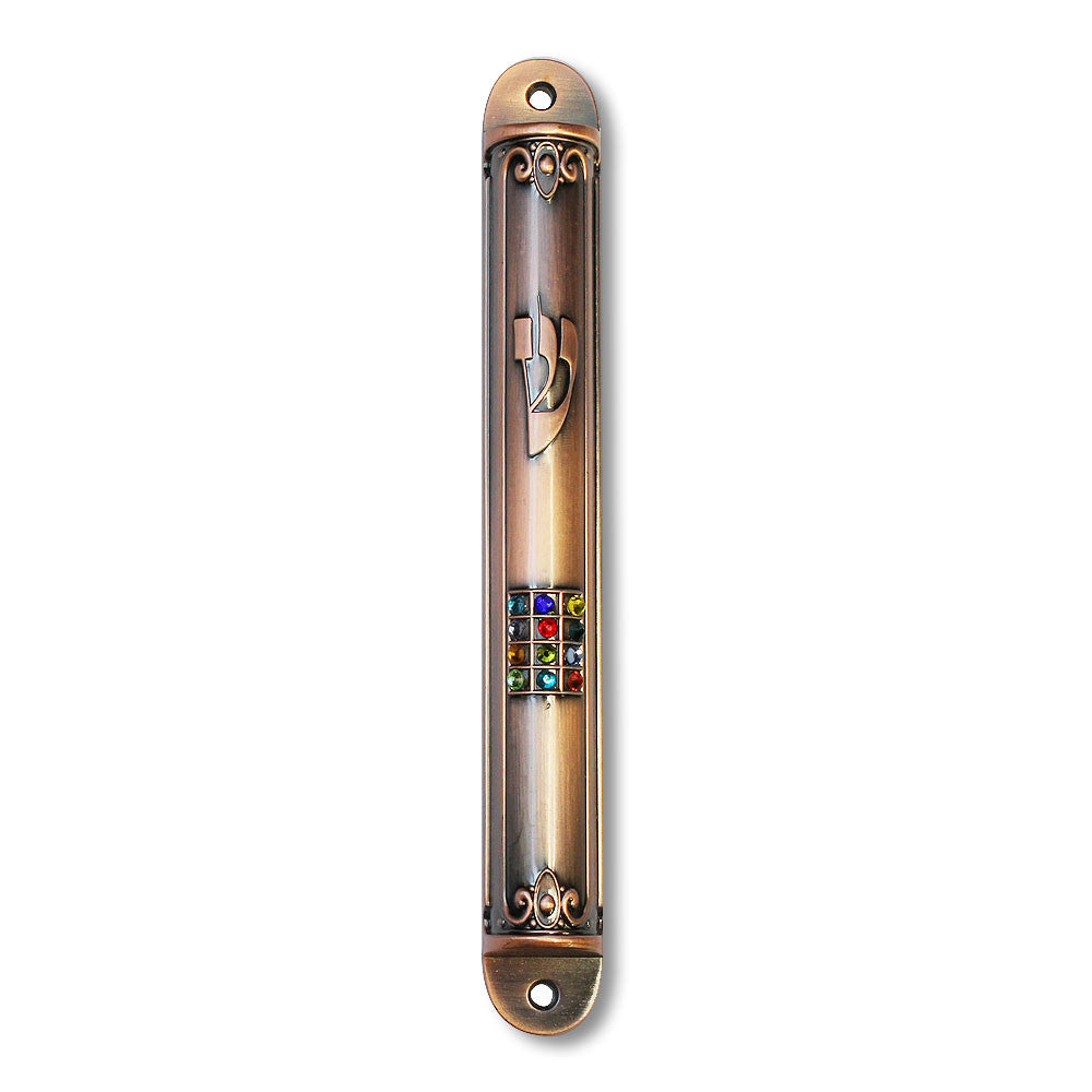 Metal Copper-Tone Mezuzah Case Hoshen Multicolor CZ, 6"- Made in Israel