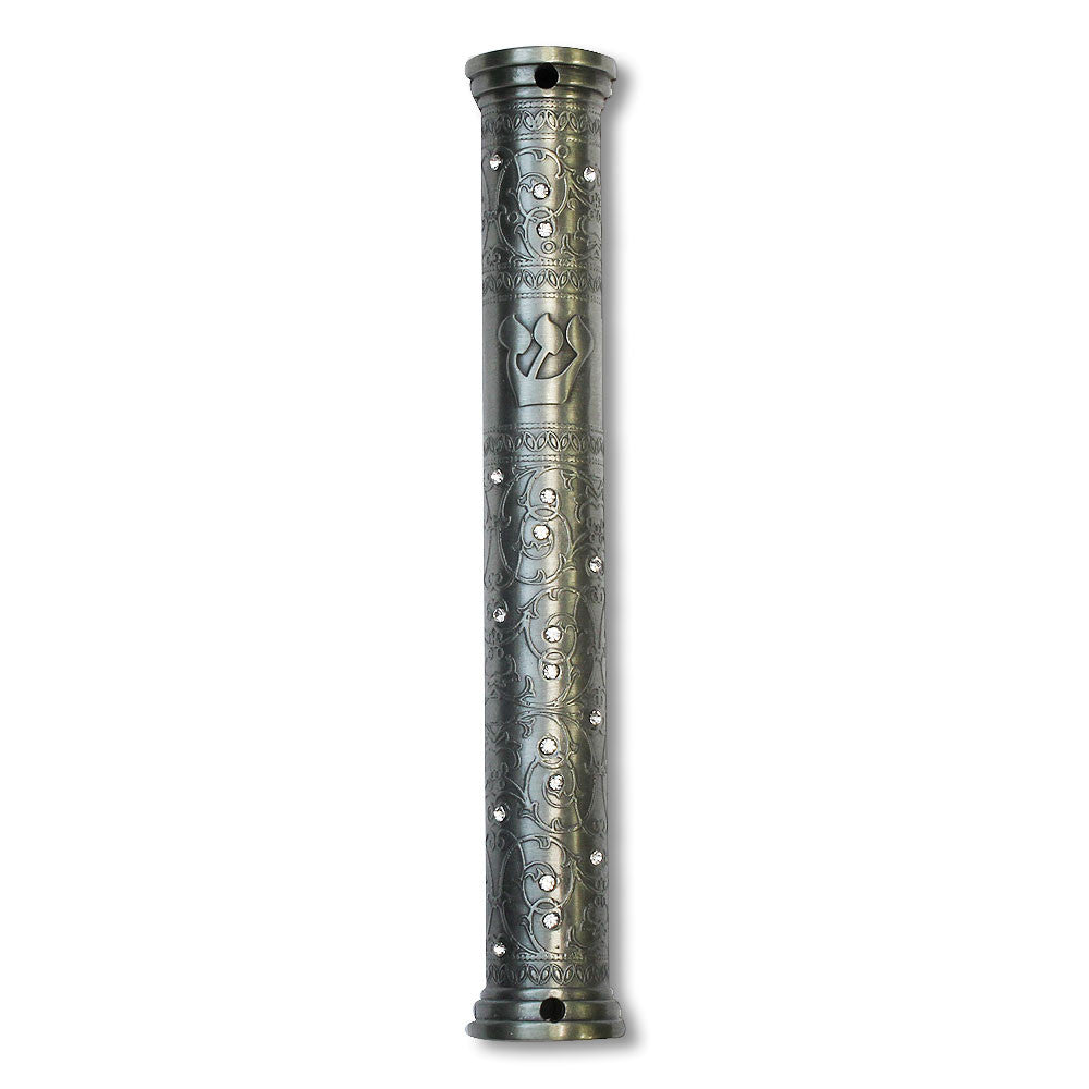 Nickel Gray Silver-Tone Clear CZ Jewish Classic Filigree Mezuzah Case,  6"