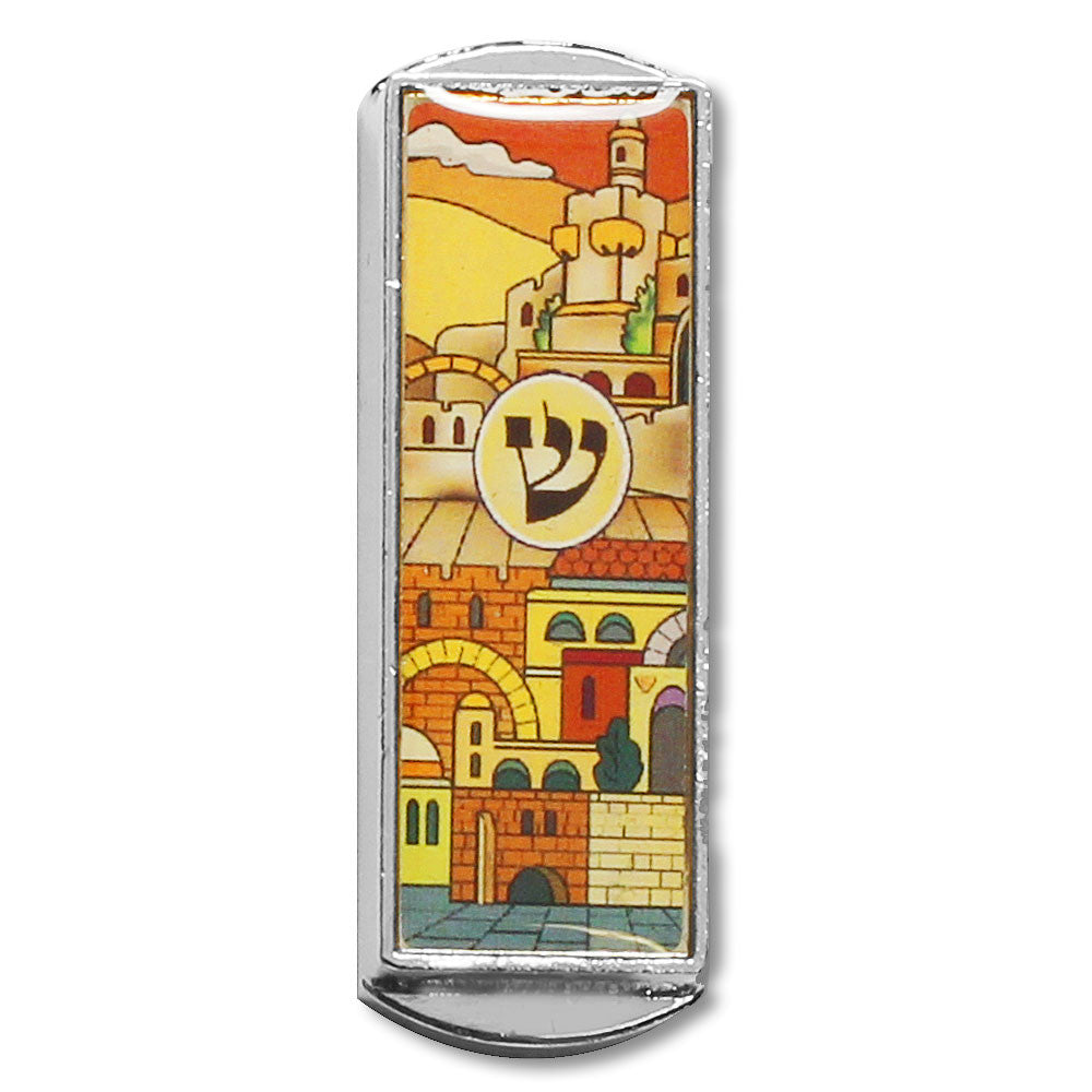 Nickel Bright Orange Car Mezuzah Jerusalem Shin City Design, 2" - Made in Israel