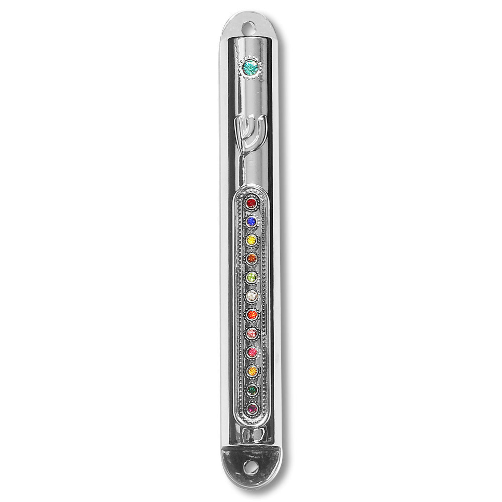 Nickel Silver-Tone Classic Mezuzah Case with Multicolor CZ, 6" - Made in Israel