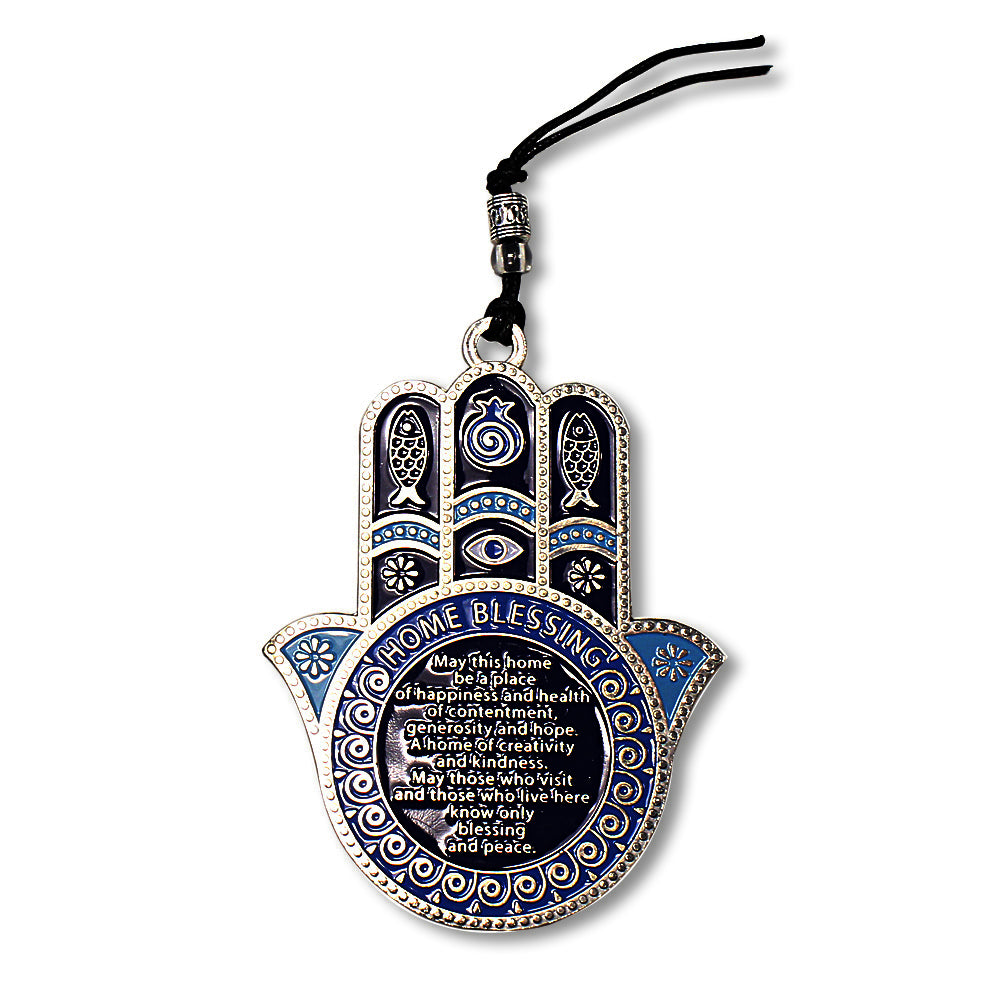 Metal Blue Gold-Tone Hamsa Hand Good Luck Blessing for Home in English Wall Decor Plaque Art, 3.5"