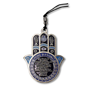 Metal Blue Gold-Tone Hamsa Hand Good Luck Blessing for Home in English Wall Decor Plaque Art, 3.5"