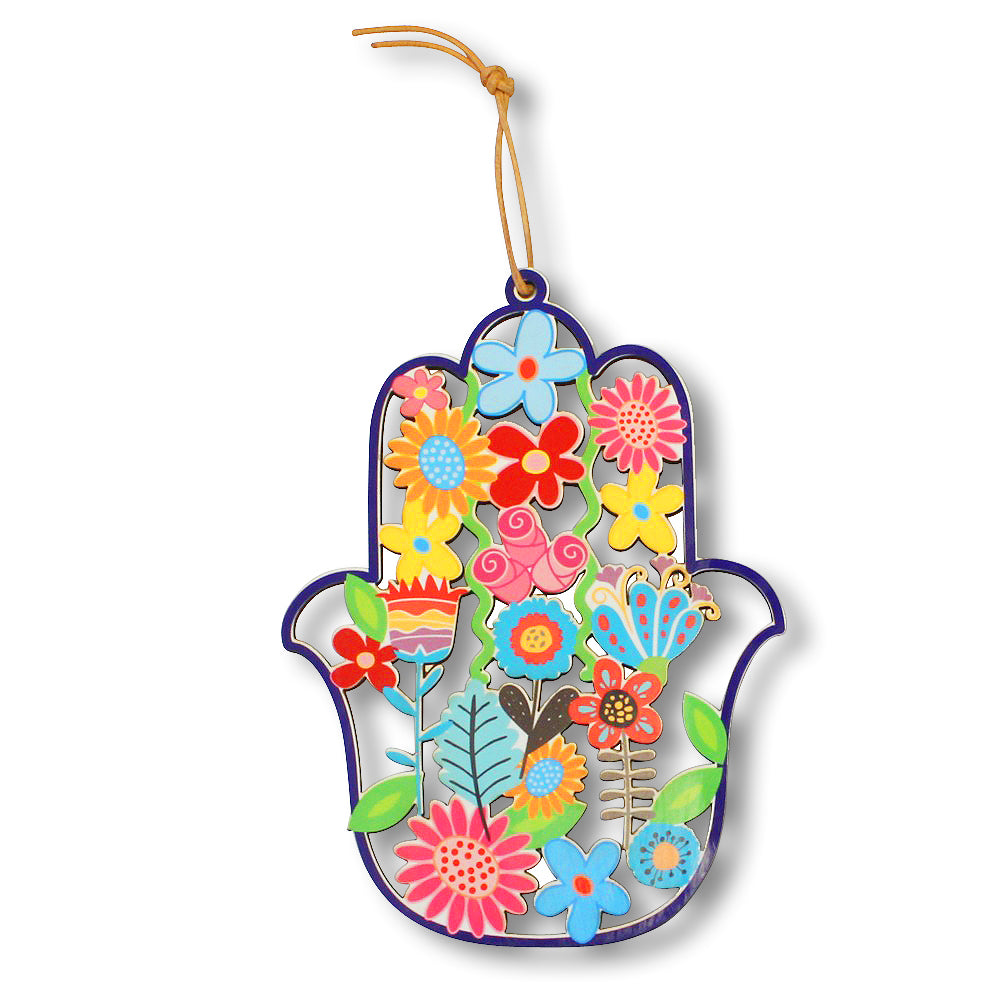 Wooden Good Luck Wall Decor Hamsa Hand Multicolor Flowers Floral, 7"