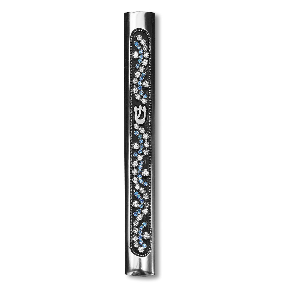 Aluminum Silver-Tone Black Blue CZ Mezuzah Case Shin with Decorative Design, 5.25" 