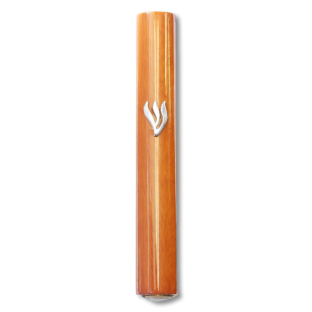 Mezuzah Case - Light Brown Wood Silver-Tone Shin 5"