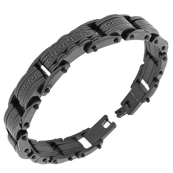 Stainless Steel Black Greek Key Men's Link Chain Bracelet