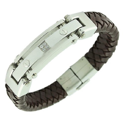 Stainless Steel and Brown Leather White Men's Bracelet