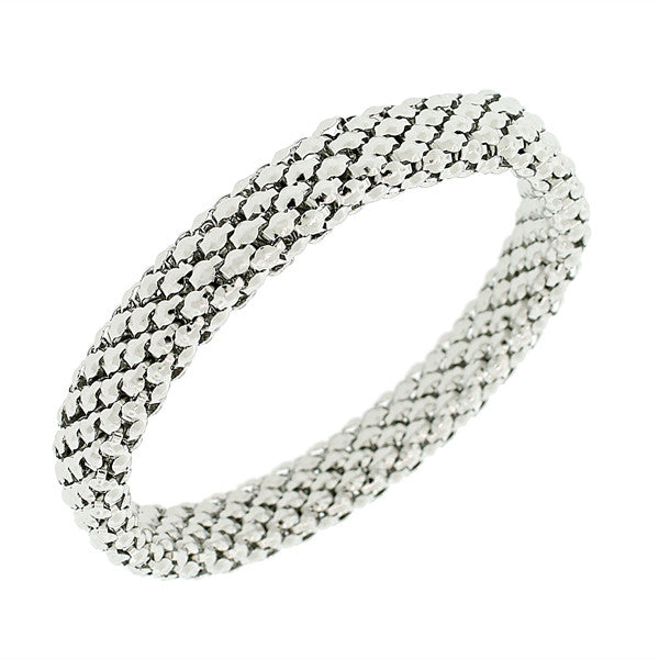 EDFORCE Stainless Steel White Gold Silver-Tone Mesh Narrow Stretch Bangle Bracelet
