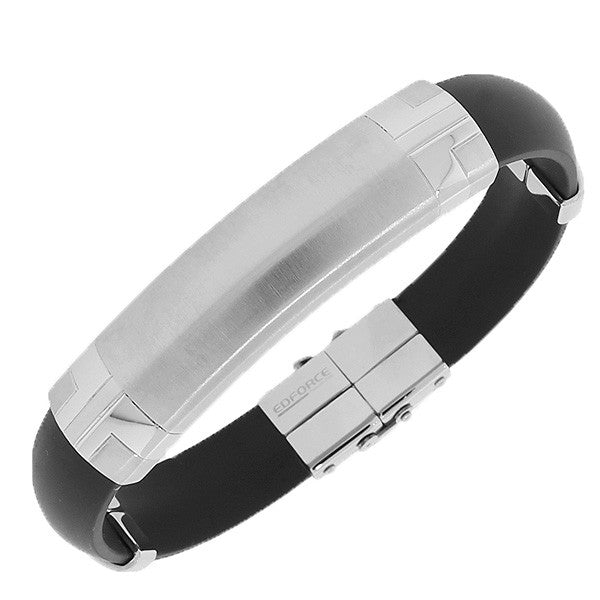Stainless Steel Black Rubber Silicone Silver-Tone Clasp Men's Bracelet