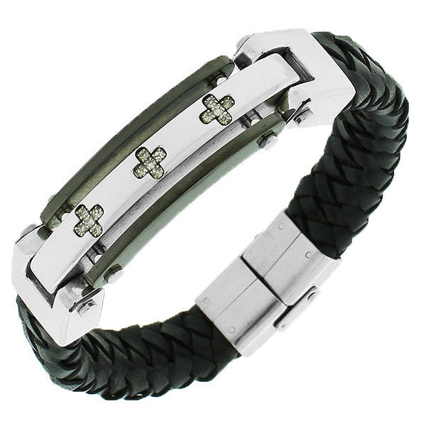 Stainless Steel Black Leather White CZ Stones Men's Bracelet