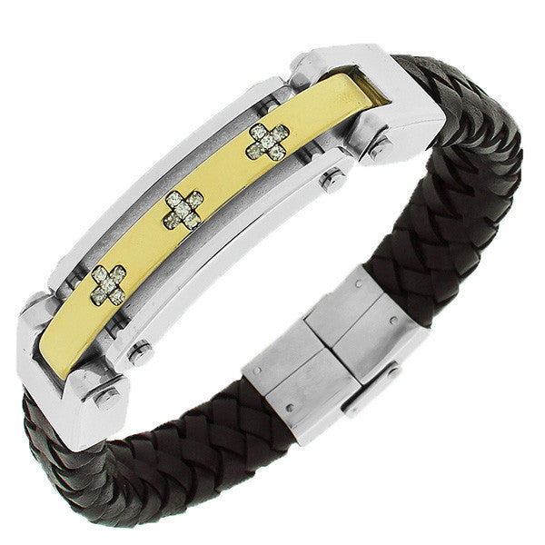 Stainless Steel Brown Leather Gold-Tone White CZ Men's Bracelet