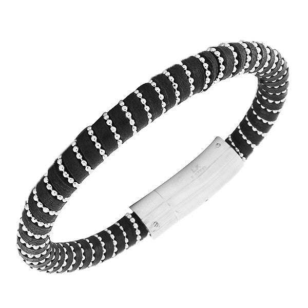 Stainless Steel Black Leather Silver-Tone Men's Bangle Bracelet