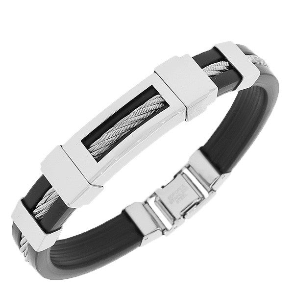 Stainless Steel Black Rubber Silicone Silver-Tone Twisted Cable Men's Bracelet