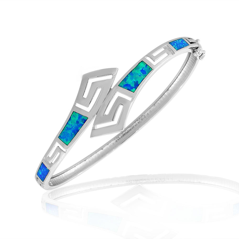 925 Sterling Silver Blue Turquoise-Tone Simulated Opal Greek Key Bangle Bracelet