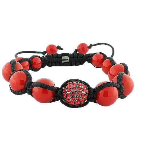 Red CZ Ball Beaded Black Cord Adjustable Macrame Bracelet