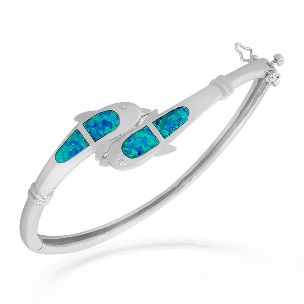925 Sterling Silver Blue Turquoise-Tone Simulated Opal Dolphin Marine Bangle Bracelet