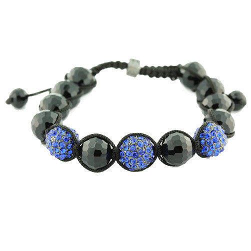 Black Blue CZ Ball Simulated Onyx Beaded Adjustable Macrame Bracelet