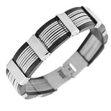 Stainless Steel Black Rubber Silicone Silver-Tone Men's Bracelet