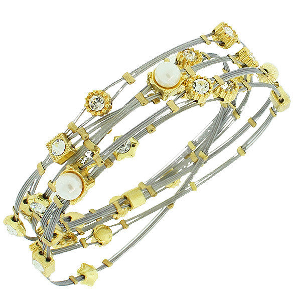 Fashion Alloy Gold and  Silver-Tone White CZ Simulated Pearls Whisper Bracelets Set