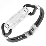 Stainless Steel Black Rubber Silicone Black Silver-Tone Greek Key Men's Bracelet