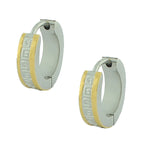 Stainless Steel Two-Tone Greek Key Hoop Huggie Earrings