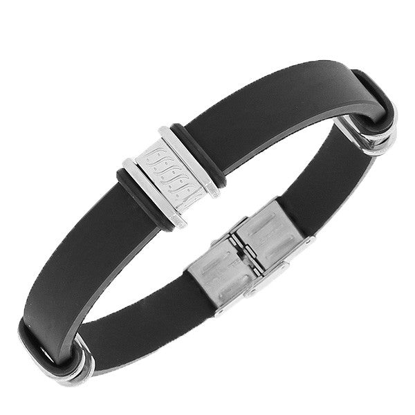 Stainless Steel Black Rubber Silicone Silver-Tone Men's Bangle Bracelet