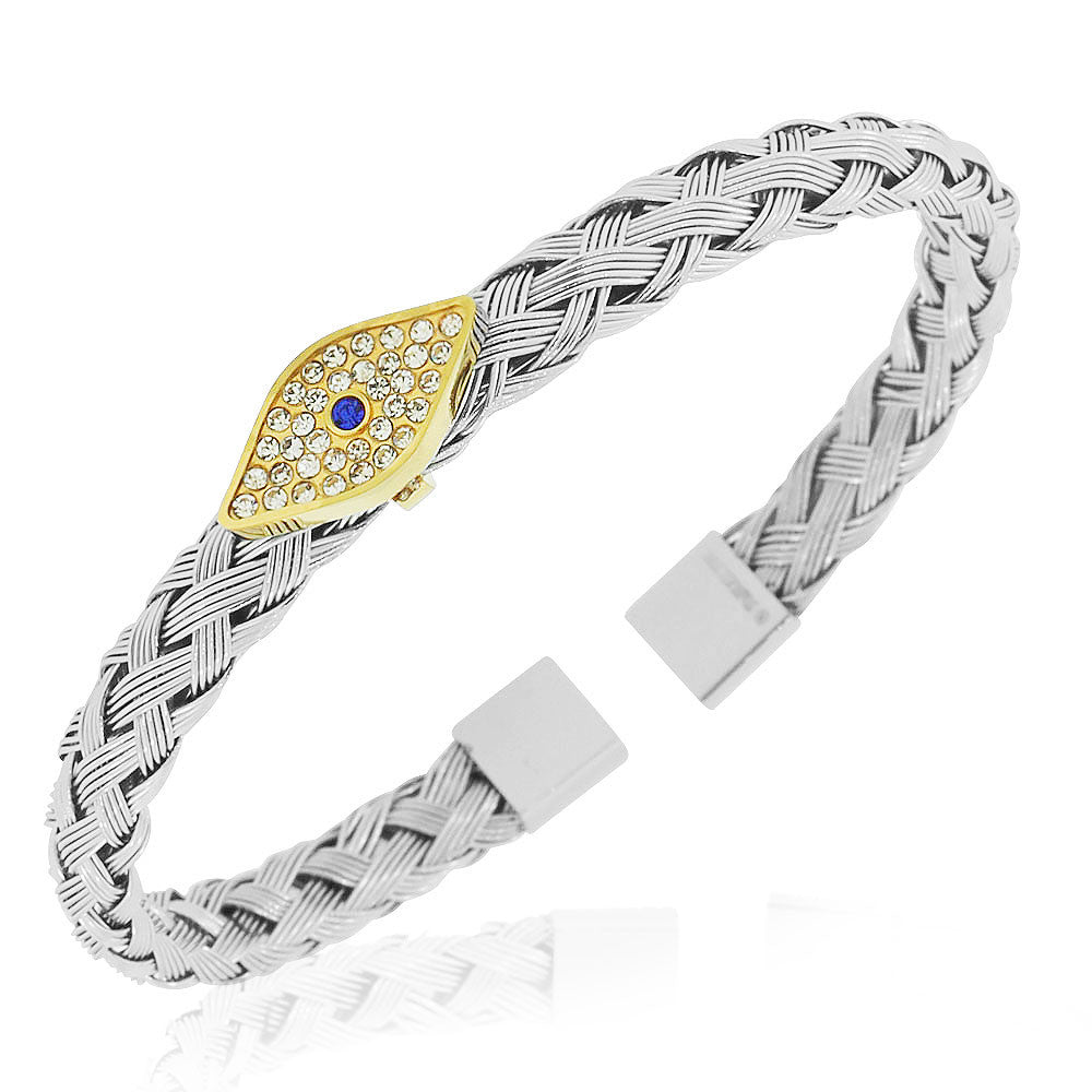 Stainless Steel Silver-Tone Evil Eye Protection Open End Bangle Bracelet, 7.5"