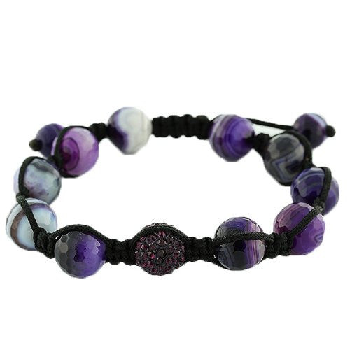 Purple Violet Ball Beaded Adjustable Black Cord Macrame Bracelet