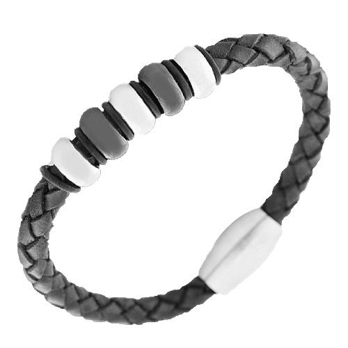 Stainless Steel Black Leather Black Silver-Tone Men's Bracelet