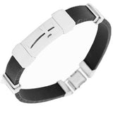 Stainless Steel Black Leather Two-Tone Black CZ Men's Bracelet
