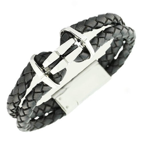 Stainless Steel Black Leather Silver-Tone Braided Men's Bracelet