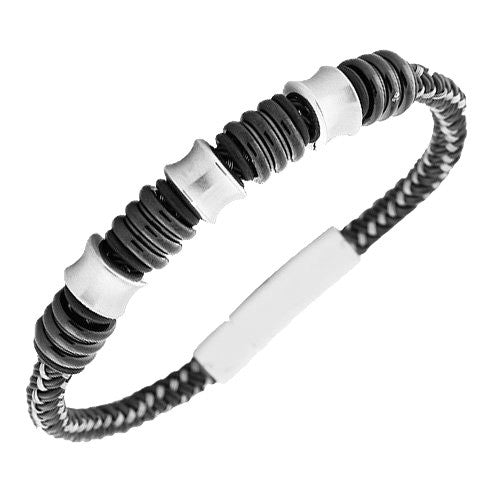 Stainless Steel and Alloy Black Rubber Silicone Silver-Tone Men's Bracelet