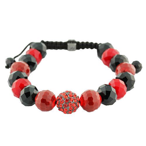 Black Red CZ Ball Beaded Adjustable Simulated Onyx Macrame Bracelet